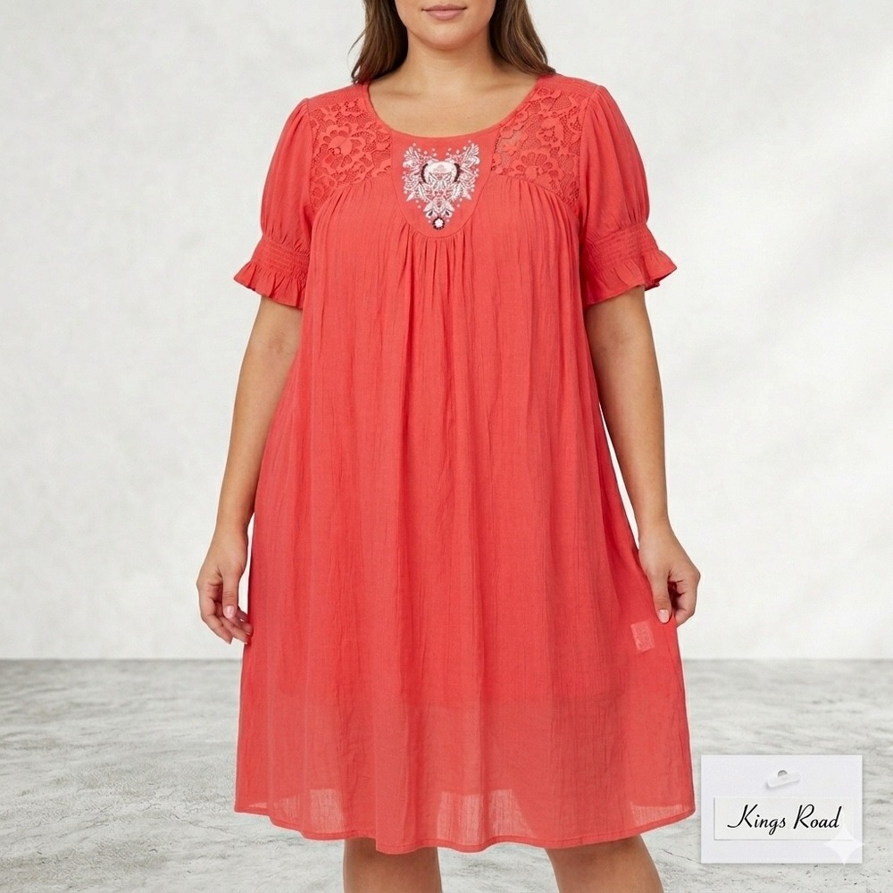 Kings‎ Road Coral Pink Lace Embroidered Babydoll Tunic Dress Womens Plus Size 2X